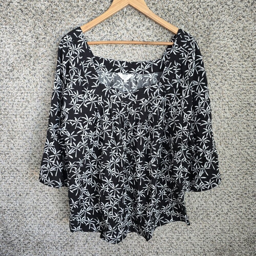 Crown & Ivy Top Womens Plus 2X Black Floral Print Square Neck Blouse Casual
